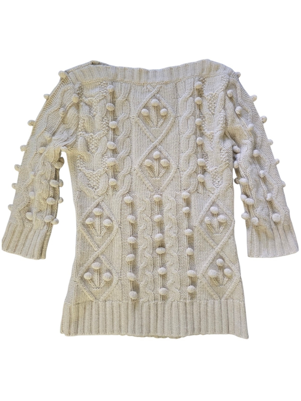 kenzie ANGORA Boatneck Cream Pom-Pom Cable Knit Sweater